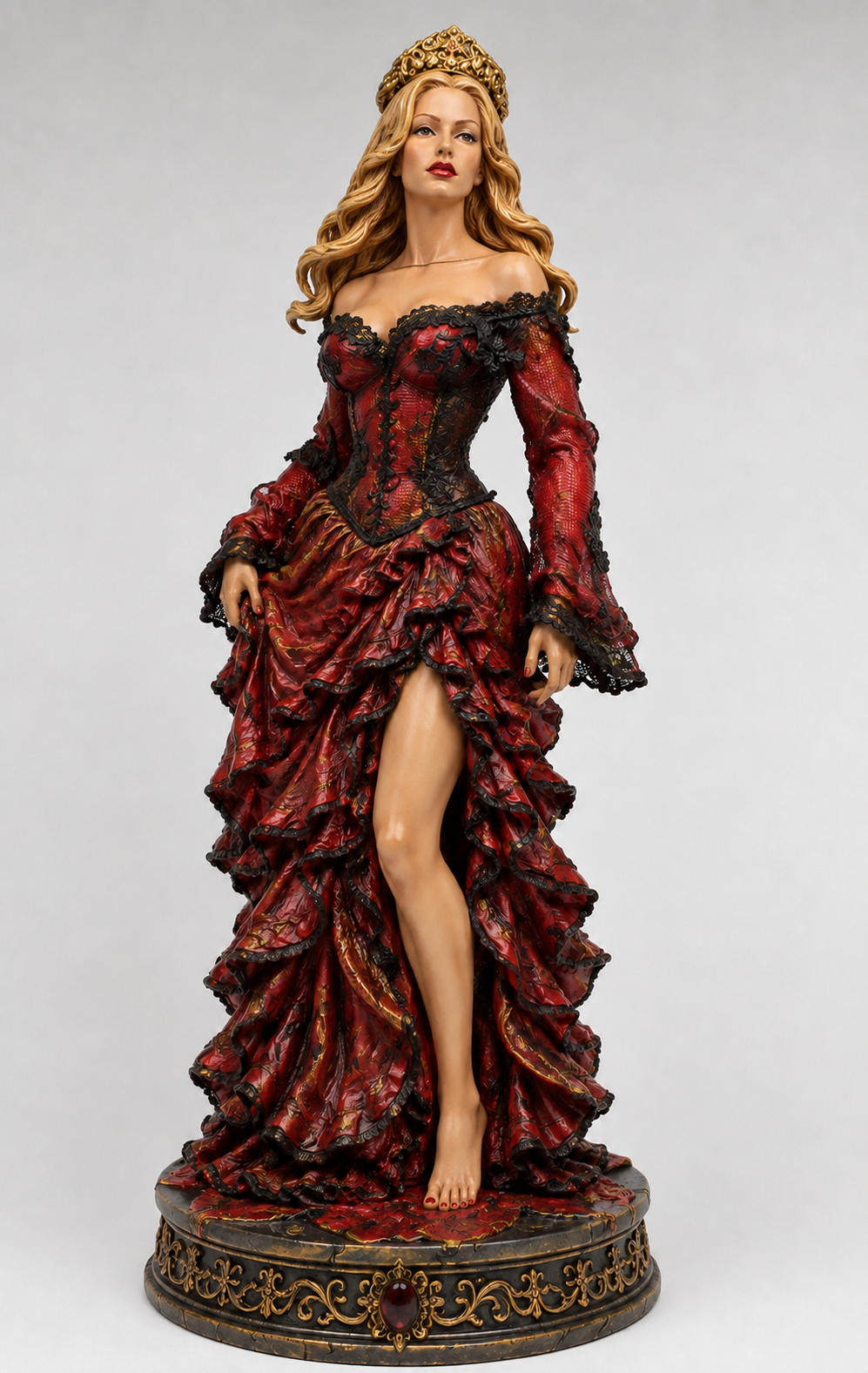 Imagem de referência de Maria Padilha, com coroa dourada, vestido vermelho e preto e base ornamentada.